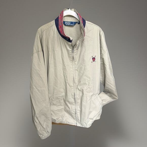 Vintage Polo Ralph Lauren Golf Crest Jacket XXL Beige Tartan Collar 90s Preppy - Picture 2 of 13